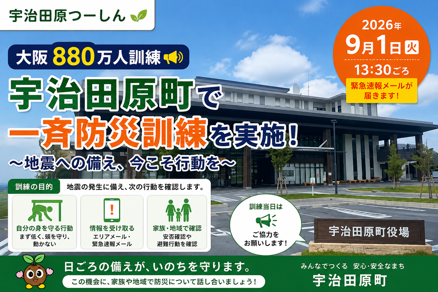 【9月1日午前10時】スマホが突然鳴るかも。大阪880万人訓練、宇治田原で受信したときの注意